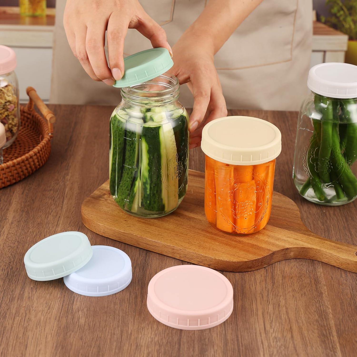 8 Pack Wide Mouth Mason Jar Lids for Ball, Kerr Jars and More, Colored Plastic Reusable Canning Tops with Silicone Rings, Food Grade & Leak-proof