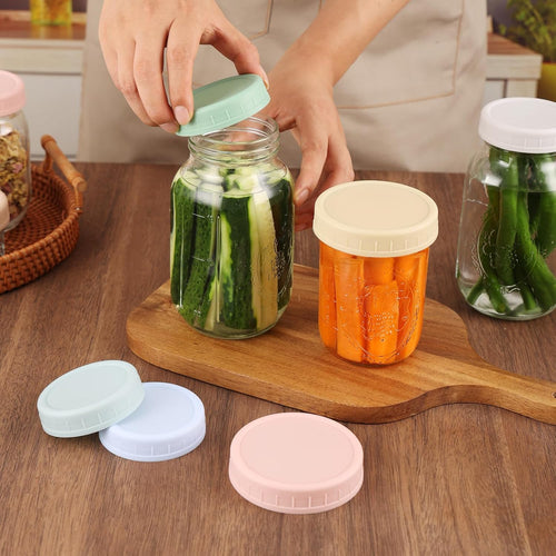 8 Pack Wide Mouth Mason Jar Lids for Ball, Kerr Jars and More, Colored Plastic Reusable Canning Tops with Silicone Rings, Food Grade & Leak-proof