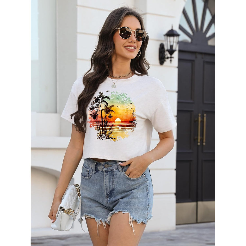 Binshre Womens Short Sleeve Crops Tops Summer Graphic Tees Crew Neck Cropped T Shirts Casual Loose Fit Blouse White-beach Sunset