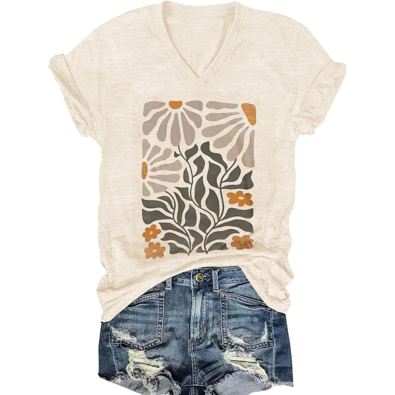 Women's T-Shirts V-Neck Dragonfly Tee Cute Summer Graphic Shirts Vintage Boho Flowers Short Sleeve T Shirt Apricot