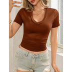Womens Summer Sexy Short Sleeve Tshirt Tops Deep V Neck Shirts Casual Slim Fit Basic T-Shirt Tee