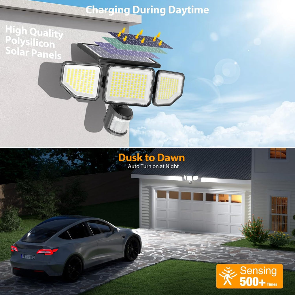 Onforu 4500Lm Solar Lights Outdoor, 3 Heads Security Lights With Remote Control, Ip65 Waterproof Motion Sensor Lights, 3 Modes Flood Lights For Wall, Porch, Yard, Outside, 2 Pack