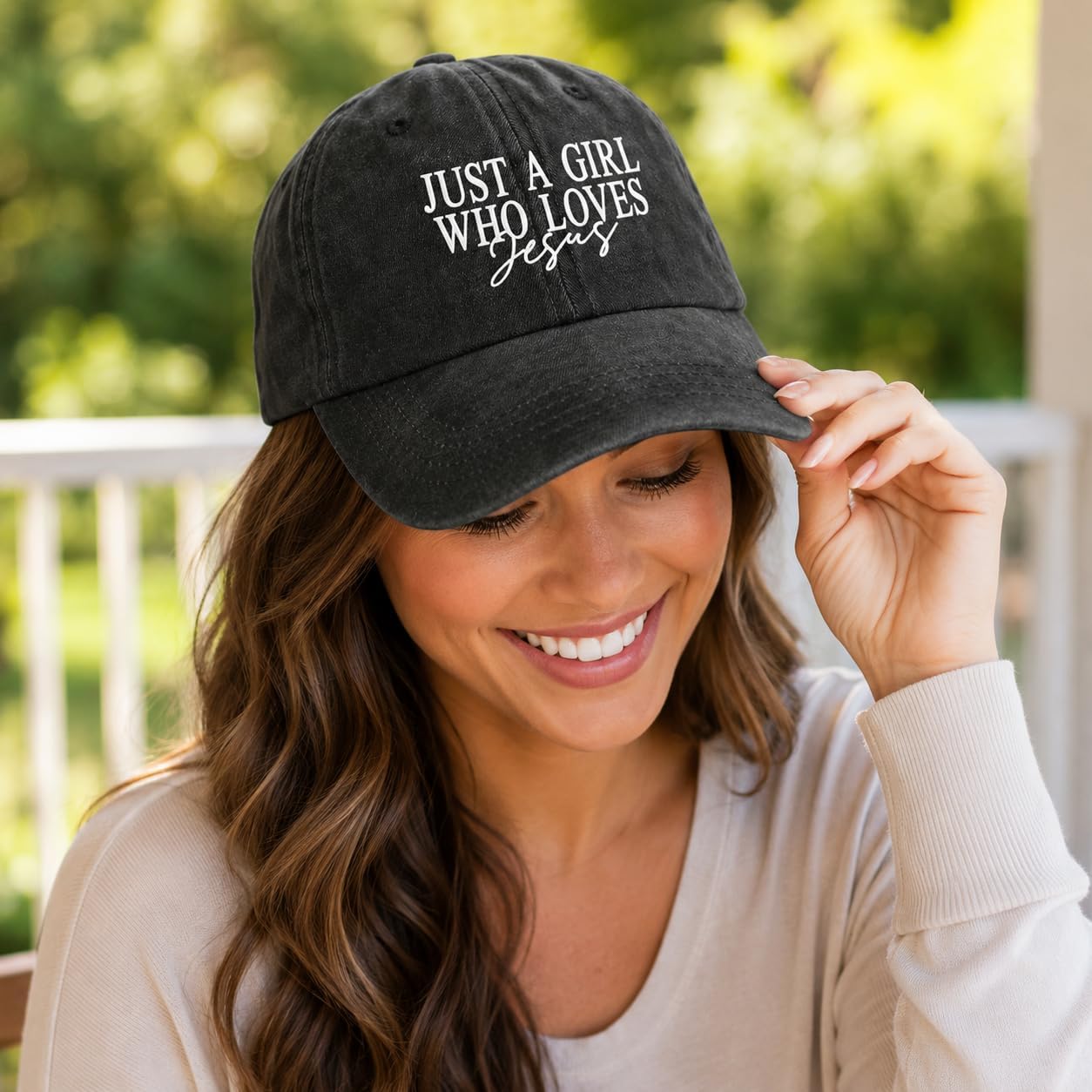 JUSTS A Girls WHO Loves Jesus Hats for Women Aesthetic Washed Distressed Allblack