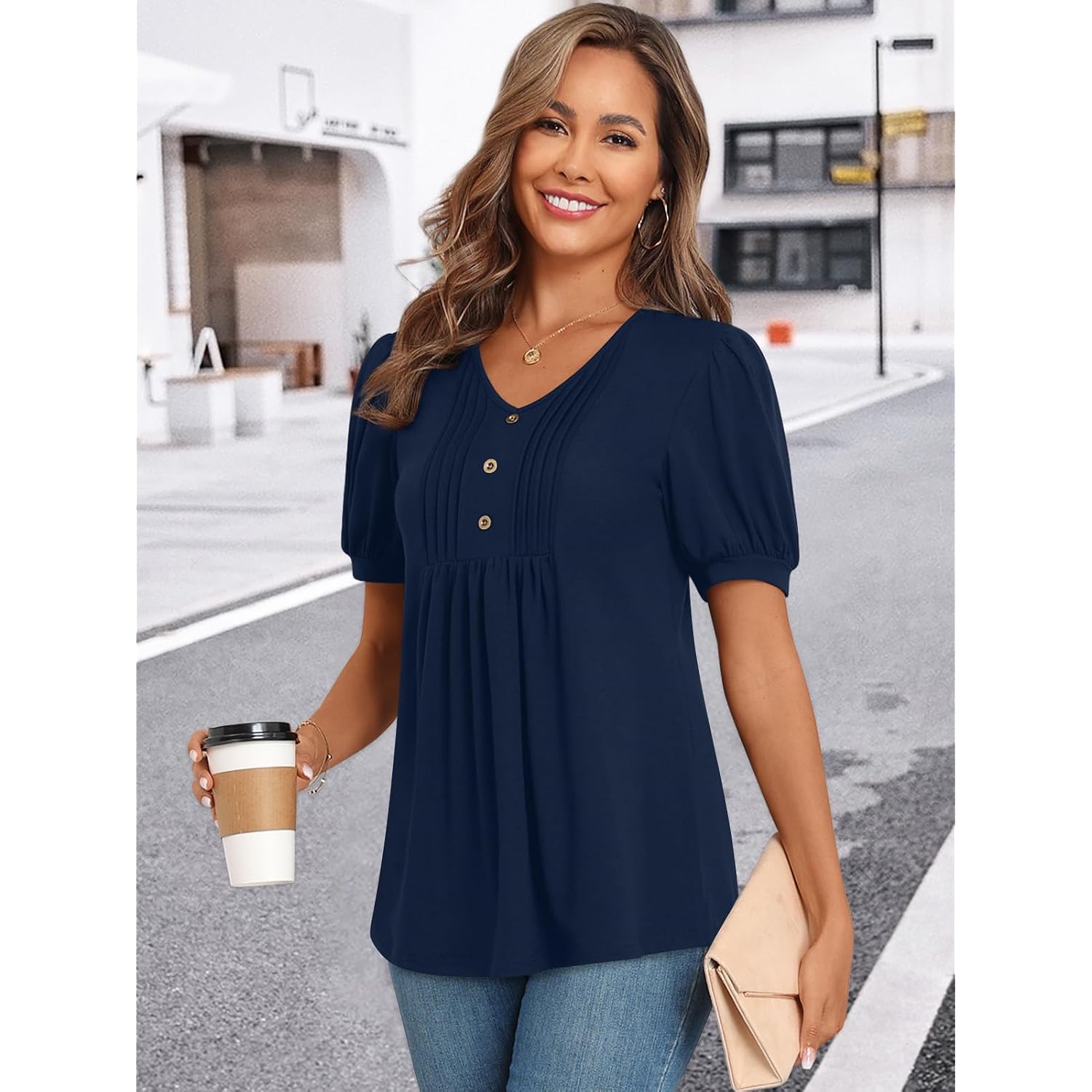 Findsweet Women's Summer Tunic Tops Casual Dressy Blouses Short Sleeve Shirts M-4XL