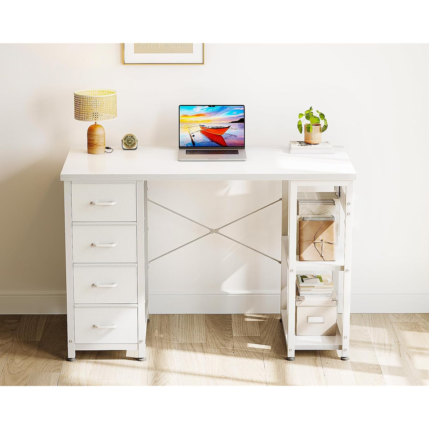 Odk 40 Inch Small White Computer Desk With 4 Fabric Drawers, Modern Office Desk For Home Office Gaming With Storage Shelves Study, White