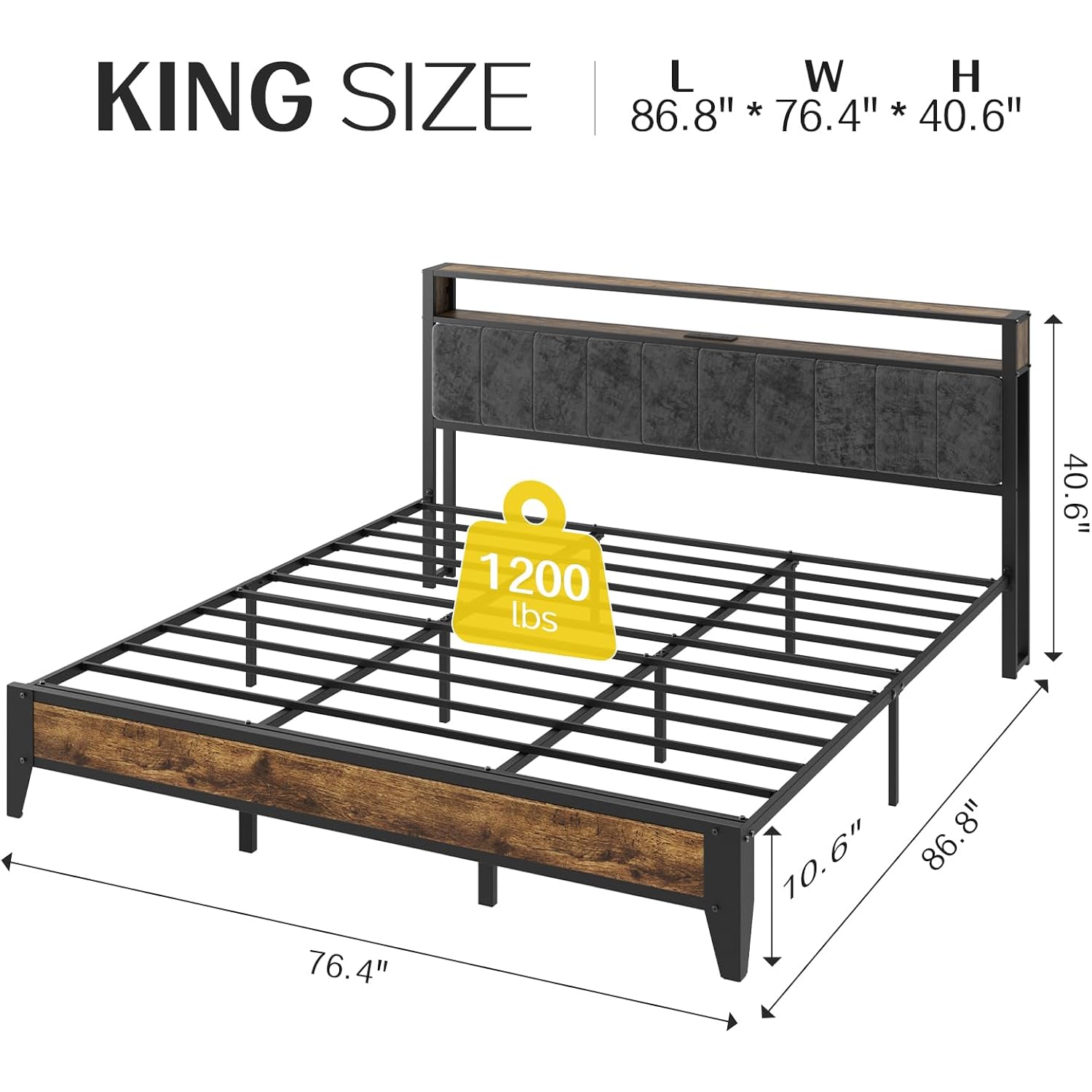 Olevs King Bed Frame With Headboard, Metal Platform Bed King Size With 2-Tier Storage, Led Light & Charging Station Type C, No Box Spring Needed, Easy Assembly