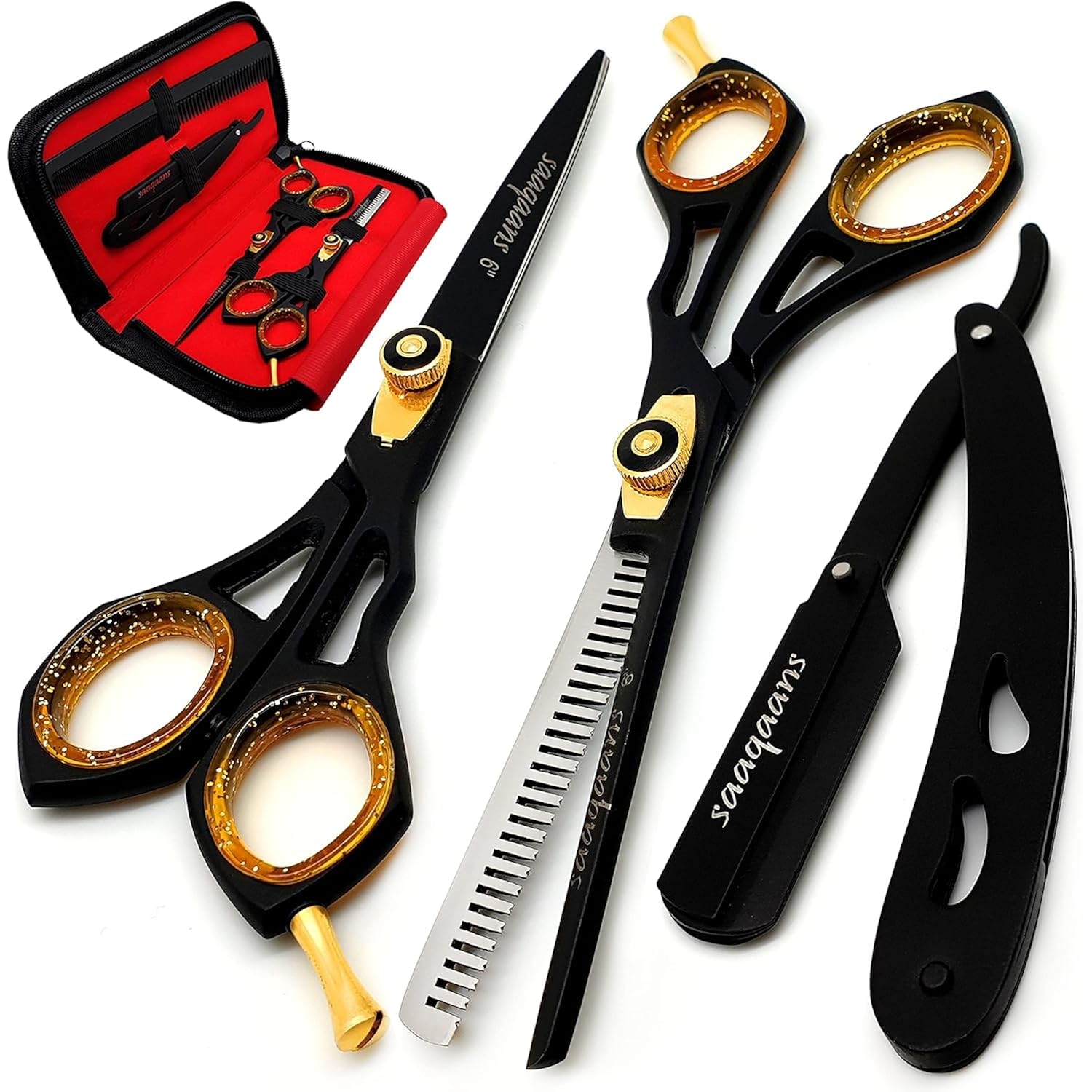 Professional Barber Shears Kit Tools - Hair Cutting Scissors Set For Hairdresser/Hair Salon + Thinning/Texture Hairdressing Haircut Shear For Beautician + Straight Razor + 10 Blades With Case