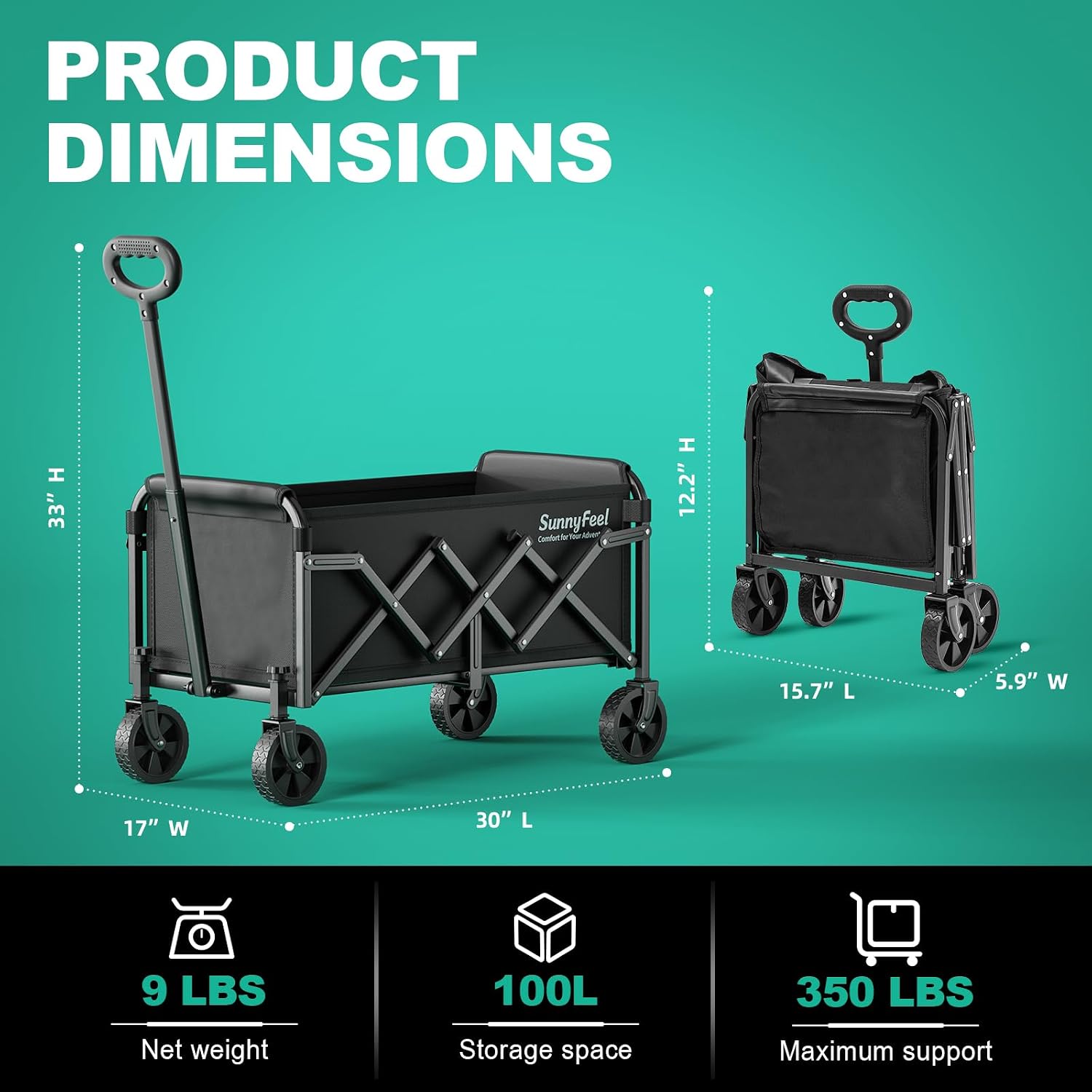 Sunnyfeel Lightweight Folding Wagon Cart, 350Lbs Portable Wagon Carts Foldable For Shopping Camping Garden Beach,Black