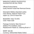 tuokiy Women Facial Hair Removal Device Battery Operated with 2 Replacement Heads,Ladies Face Shaver for Peach Fuzz Upper Lip,Chin, Facial Hair Removal for Women, Rose Gold