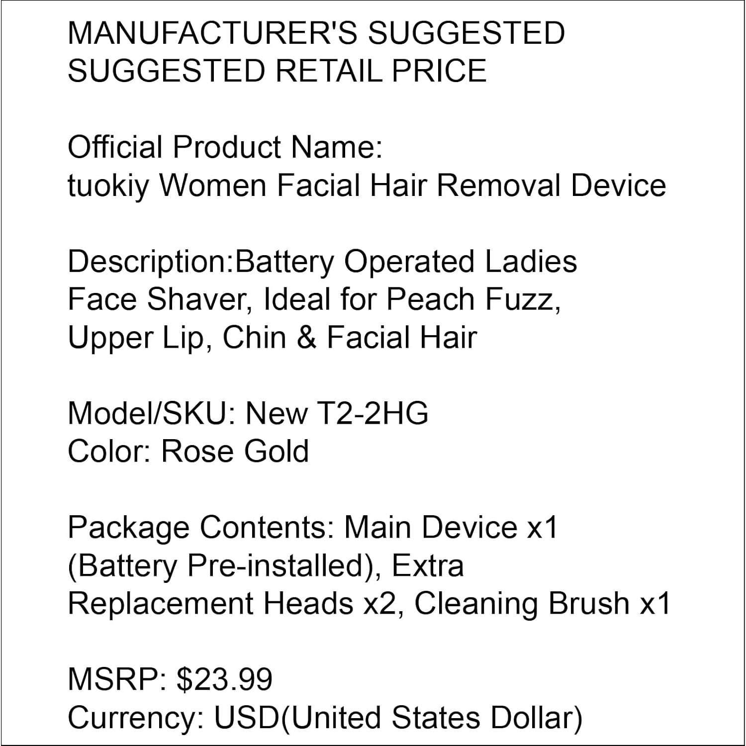 tuokiy Women Facial Hair Removal Device Battery Operated with 2 Replacement Heads,Ladies Face Shaver for Peach Fuzz Upper Lip,Chin, Facial Hair Removal for Women, Rose Gold