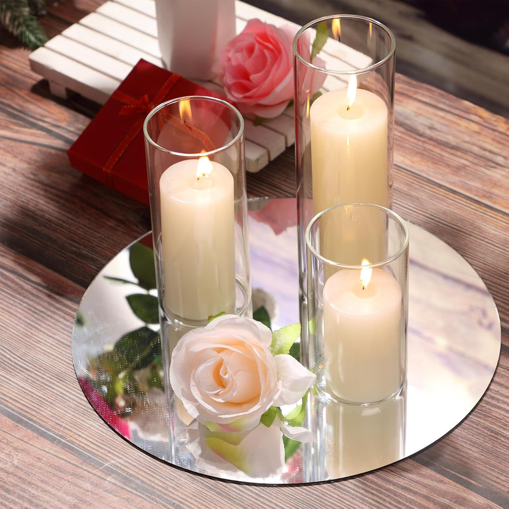 Shihanee Set of 6 Pillar Candles with Glass Cylinder Vases Clear Cylinder Hurricane Candleholders for Slim Tall Pillar Candles Wedding Table Centerpieces(2.6'' X 4.7'', 5.9'', 7.9'',Ivory)