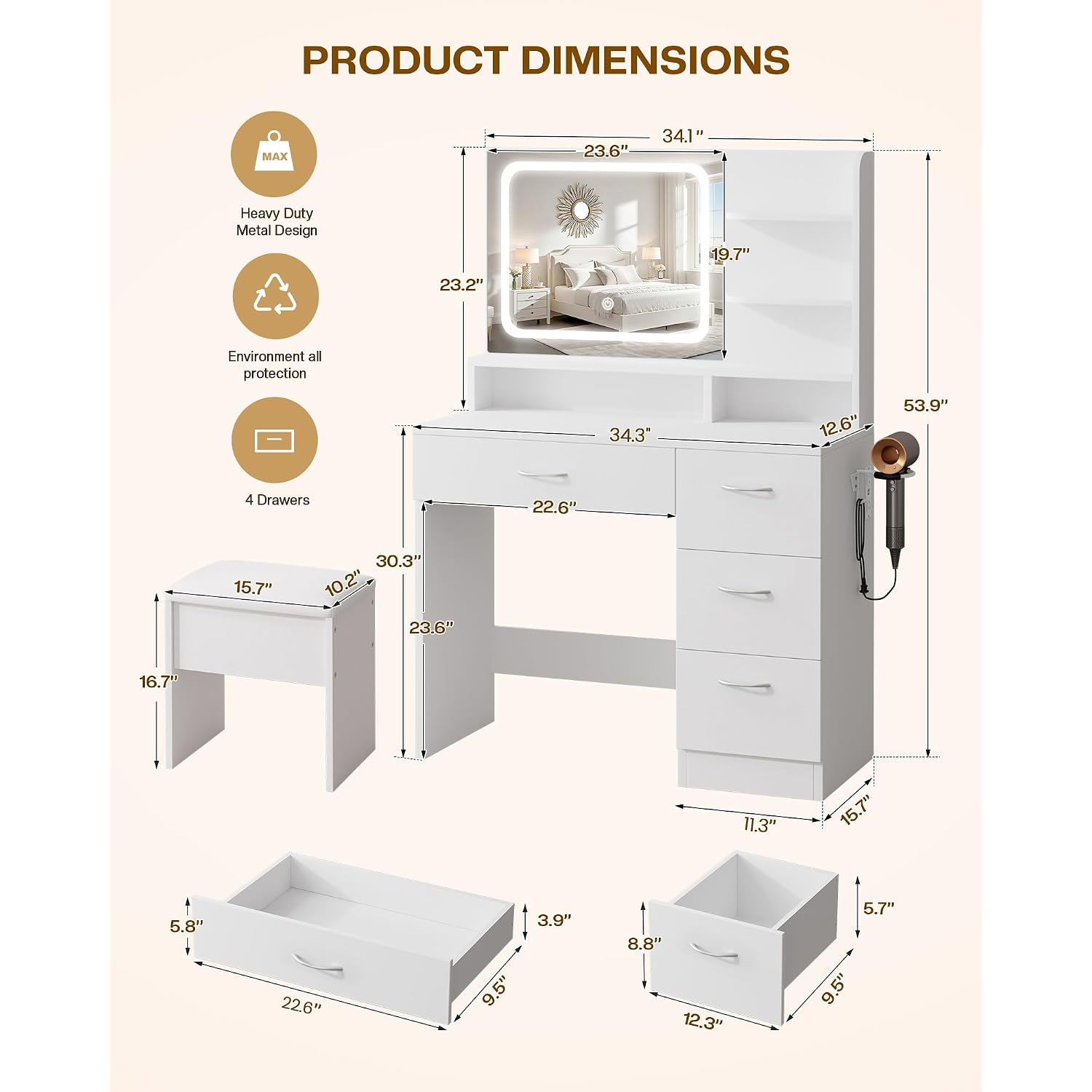 Livelyglow White Makeup Vanity Desk With Charging Station & 4 Drawers | Smart Led Mirror, Cushioned-Stool, Hairdryer-Rack