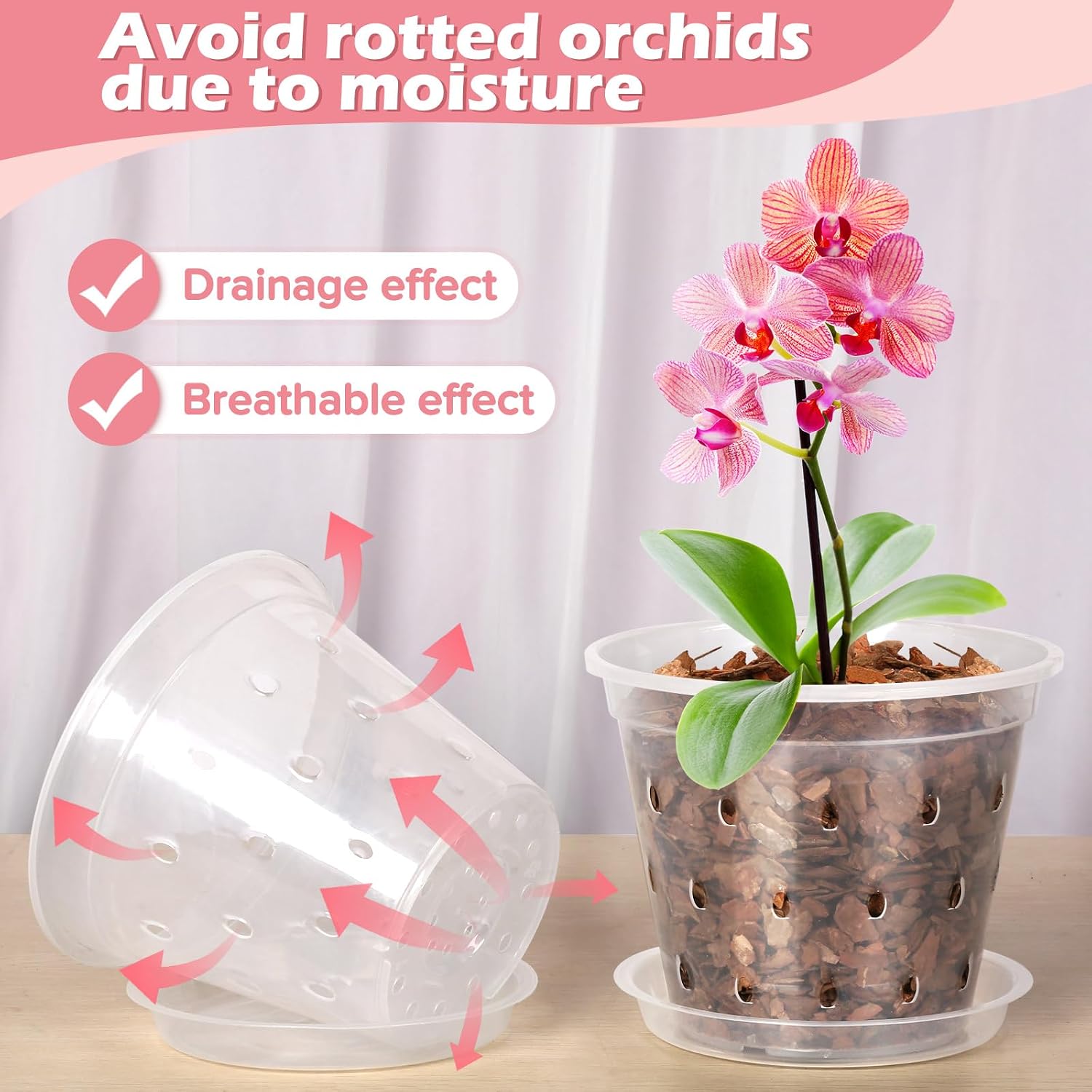 Fuijol Orchid Pot, 6 Pack 4 Inch (Top Diameter) Clear Orchid Pots With Holes And Saucers For Repotting, Breathable Slotted Plastic Orchid Planters With Drainage For Root Health Indoor Outdoor