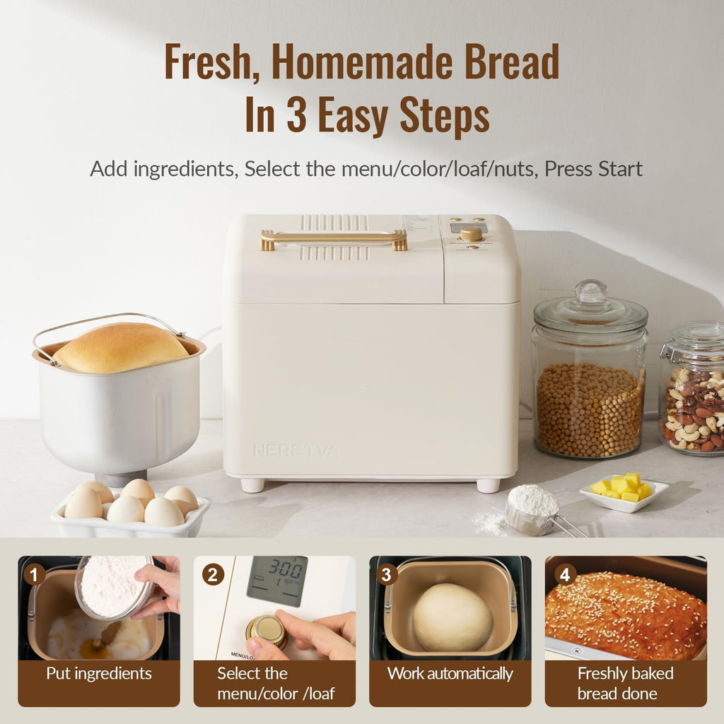 Neretva Bread Machine, 2.2Lb 15-In-1 Bread Maker, Dual Heater Breadmaker Machine With Auto Nut Dispenser & Nonstick Ceramic Pan, Bread Maker Machine For Gluten Free, Dough Maker, Sourdough, Yogurt