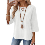 Rapbin Womens 3/4 Sleeve Tops Cotton Linen Shirts V Neck Criss Cross Tees Loose Fit Blouses Summer Fashion