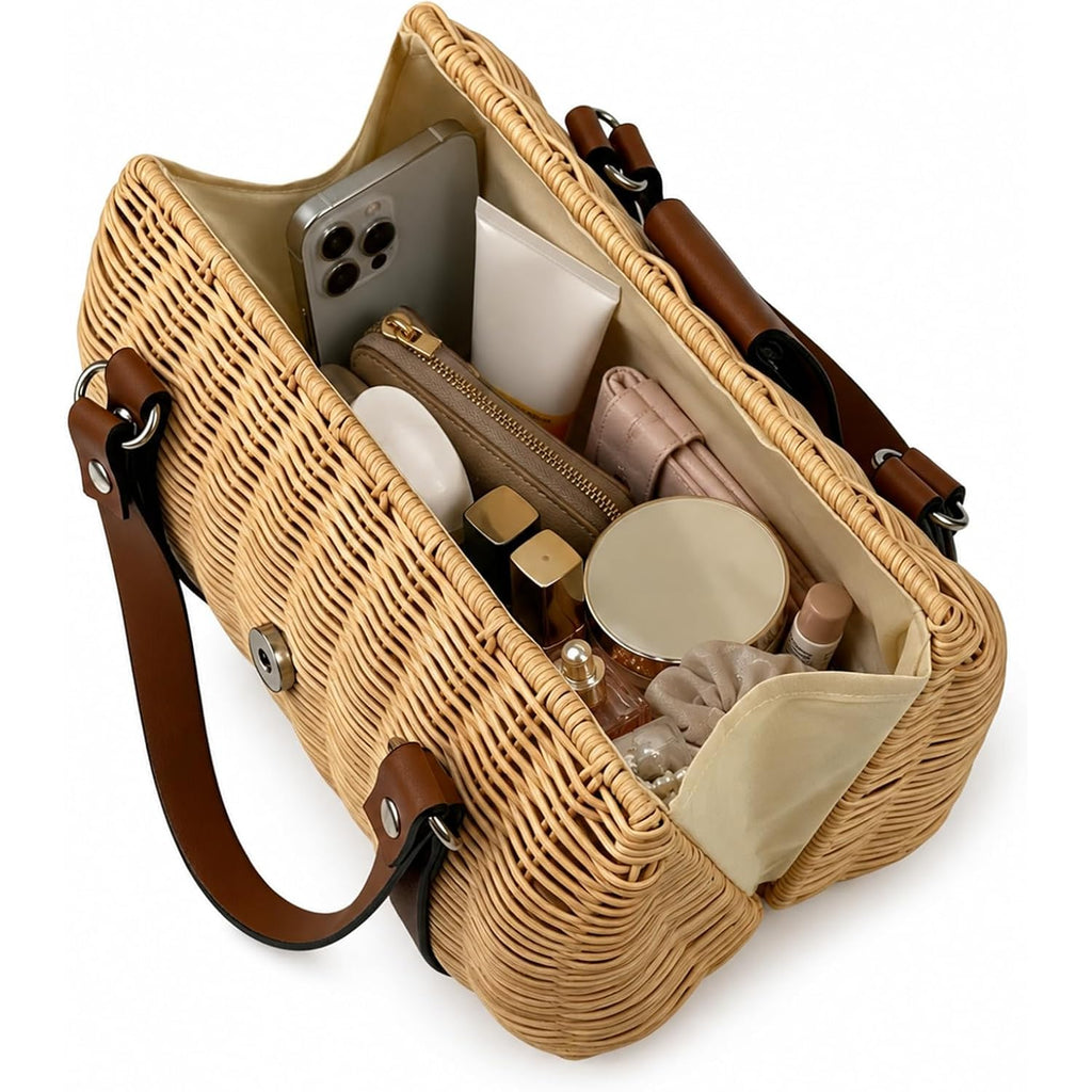 Rattan Purse For Women, Structured Straw Tote Bag, Woven Wicker Satchel Handbag With Reinforced Handles, Summer Beach Travel Bag For Daily Use