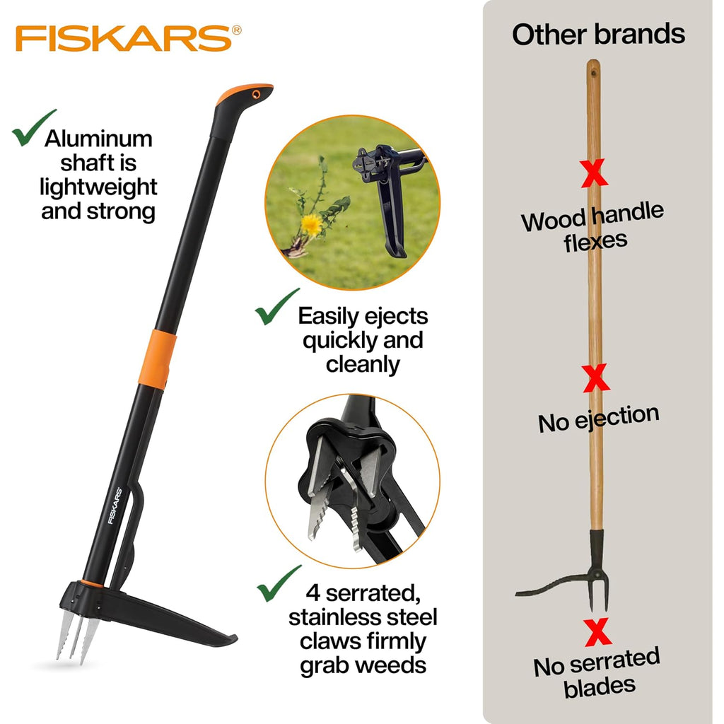 Fiskars Stand-Up Weed Puller Tool, 4 Serrated Stainless Steel Claws Grip Roots For Permanent Removal, Reinforced Foot Platform Penetrates Tough Soil, Easy-Eject & Ergonomic Offset Handle, 39"