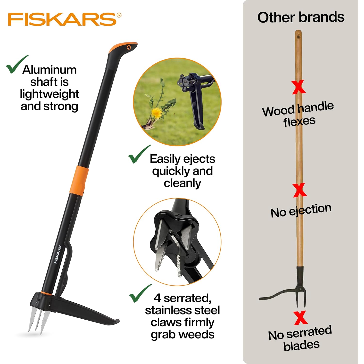 Fiskars Stand-Up Weed Puller Tool, 4 Serrated Stainless Steel Claws Grip Roots For Permanent Removal, Reinforced Foot Platform Penetrates Tough Soil, Easy-Eject & Ergonomic Offset Handle, 39"