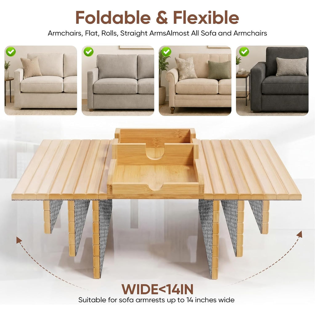 Bamboo Couch Arm Tray Table With Built-In Cup Holder, Foldable Anti-Slip Sofa Armrest Table For Drinks, Phone & Remote, Fits 4.7–16.9 In Armrests, Holds Cups Up To 3.5 In Diameter (Bamboo)