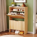 Vingli Slim Shoe Cabinet With Curved Edges, Modern Hidden Shoe Storage Organizer With 2 Flip Drawers & Open Shelf, Narrow Wood Shoe Cupboard With Fluted Panel & Anti-Tip Kit For Entryway, Oak
