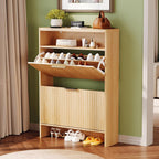 Vingli Slim Shoe Cabinet With Curved Edges, Modern Hidden Shoe Storage Organizer With 2 Flip Drawers & Open Shelf, Narrow Wood Shoe Cupboard With Fluted Panel & Anti-Tip Kit For Entryway, Oak