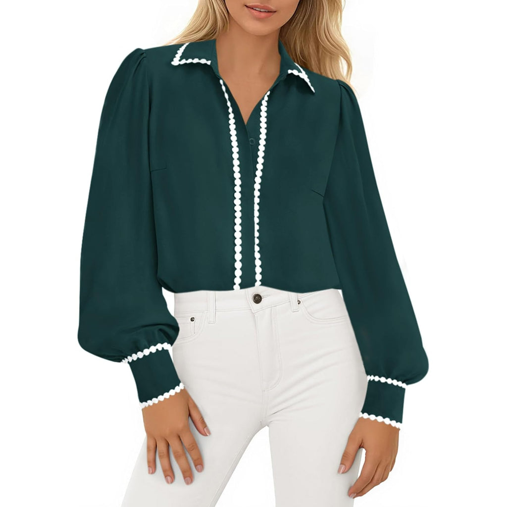 Womens Long Sleeve Button Down Shirts 2026 Trendy V Neck Loose Fit Fall Tops Collared Dressy Casual Blouses