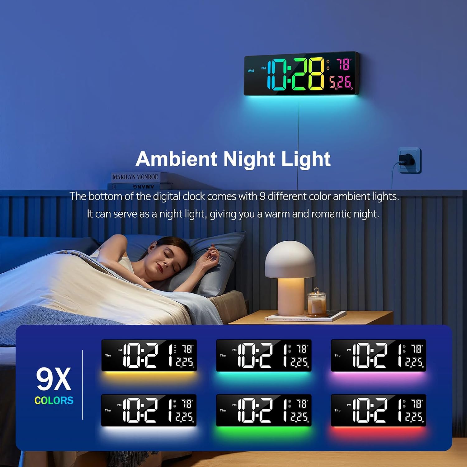 Digital Wall Clock 16", Wall Clocks With 11 Rgb Colors, Alarm Clock With Night Lights, Large Digital Clock For Living Room Bedroom Office Classroom Decor, Auto Dst, Temperature, Remote Control