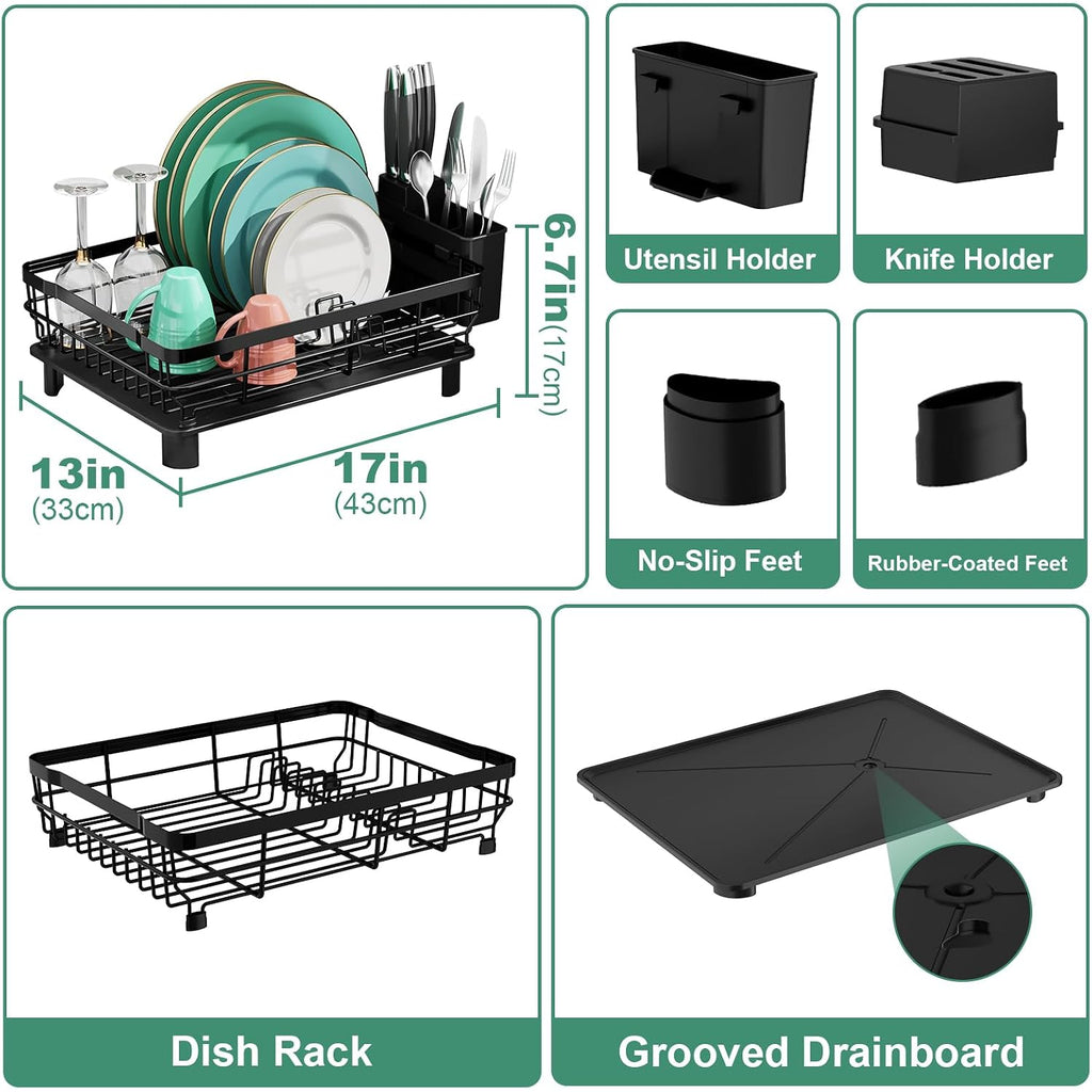 Dish Drying Rack, Dish Rack, Stainless Steel Dish Racks For Kitchen Counter, Dish Drainer With Removable Utensil Holder, Drainboard (Black,13''W X 17''L)