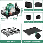 Dish Drying Rack, Dish Rack, Stainless Steel Dish Racks For Kitchen Counter, Dish Drainer With Removable Utensil Holder, Drainboard (Black,13''W X 17''L)
