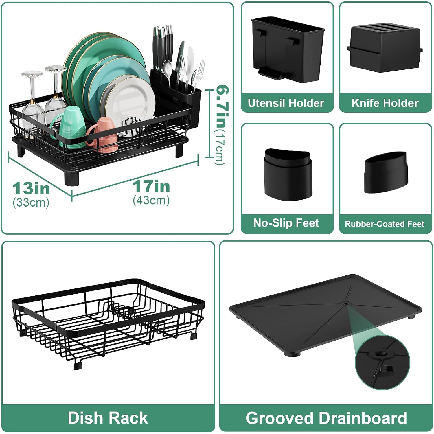 Dish Drying Rack, Dish Rack, Stainless Steel Dish Racks For Kitchen Counter, Dish Drainer With Removable Utensil Holder, Drainboard (Black,13''W X 17''L)