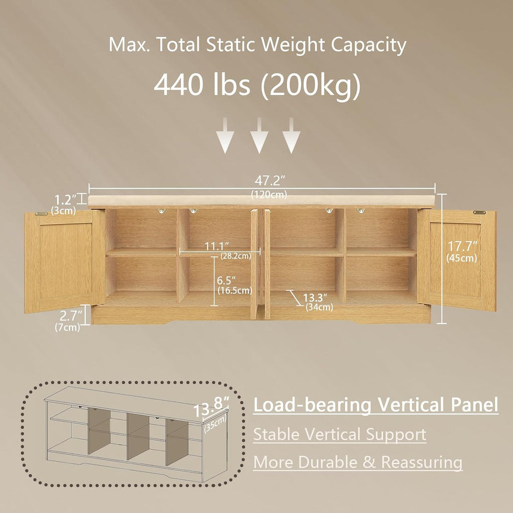 Shoe Bench, Entryway Storage Bench With Doors, Cushion, 2-Tier Shoe Rack With 8-Cubby, 47.2”L X 13.8”W Shoe Organizer Cabinet, Adjustable Shelf, Living Room, Bedroom, Natural With Rattan