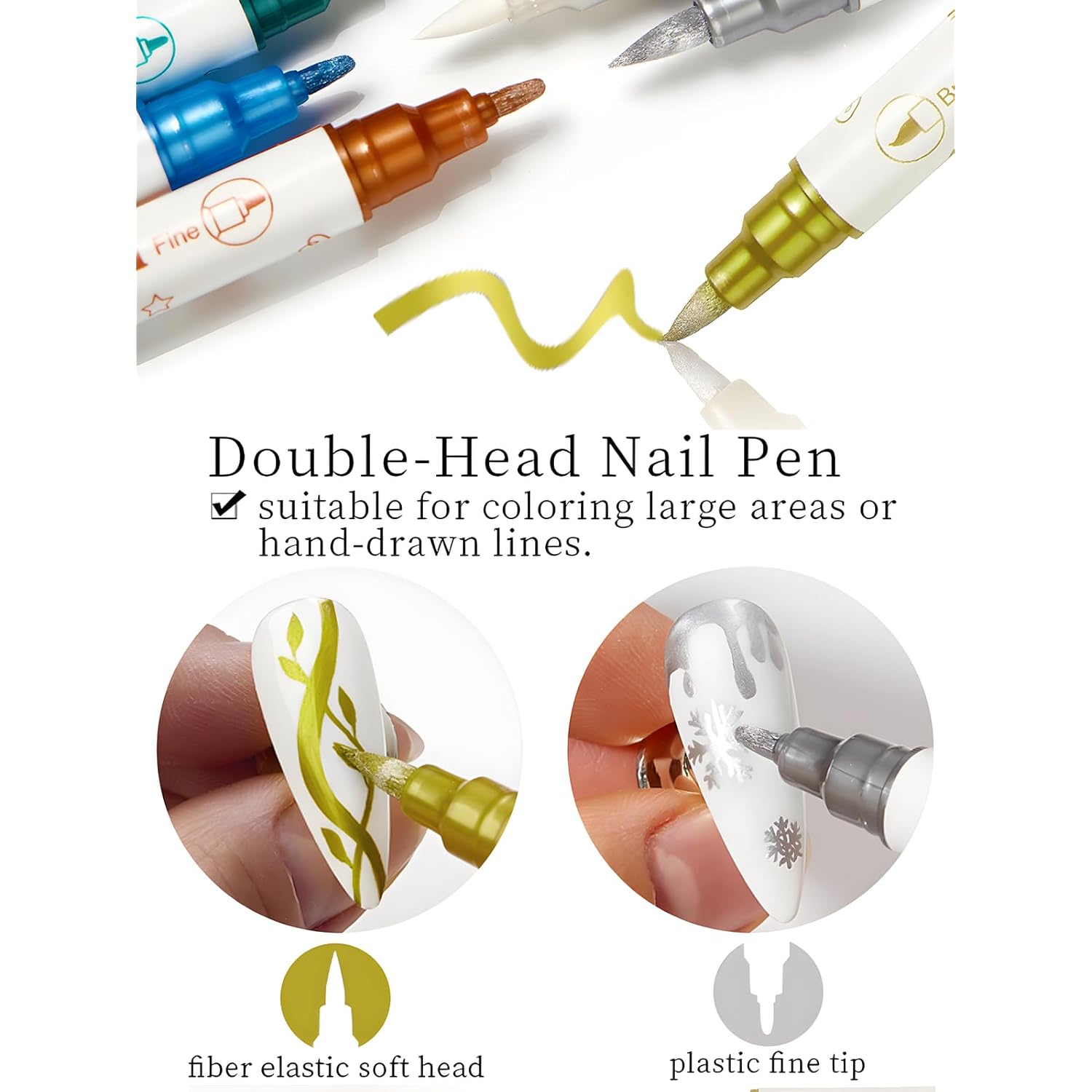 10 Colors Double Ended Metallic Nail Art Marker Pens, 3D Metallic Nail Graffiti Dotting Drawing Point Pen Sets Nail Art Painted Pen Nail Design Kit for Nail Design Nail DIY Decoration