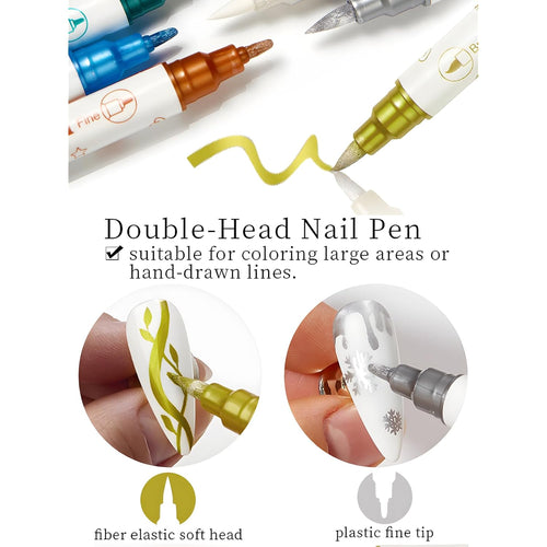 10 Colors Double Ended Metallic Nail Art Marker Pens, 3D Metallic Nail Graffiti Dotting Drawing Point Pen Sets Nail Art Painted Pen Nail Design Kit for Nail Design Nail DIY Decoration