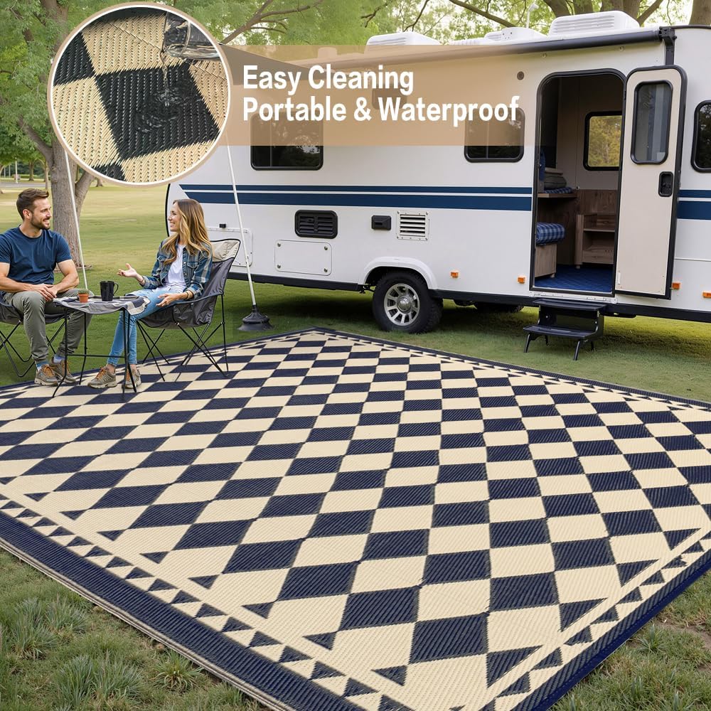 Outdoor Rug For Patios Clearance,Waterproof Mat,Large Outside Carpet,Reversible Plastic Straw Camping Rugs,Rv,Porch,Deck,Camper,Balcony,Backyard (8X10,Checkered/Black&Beige)