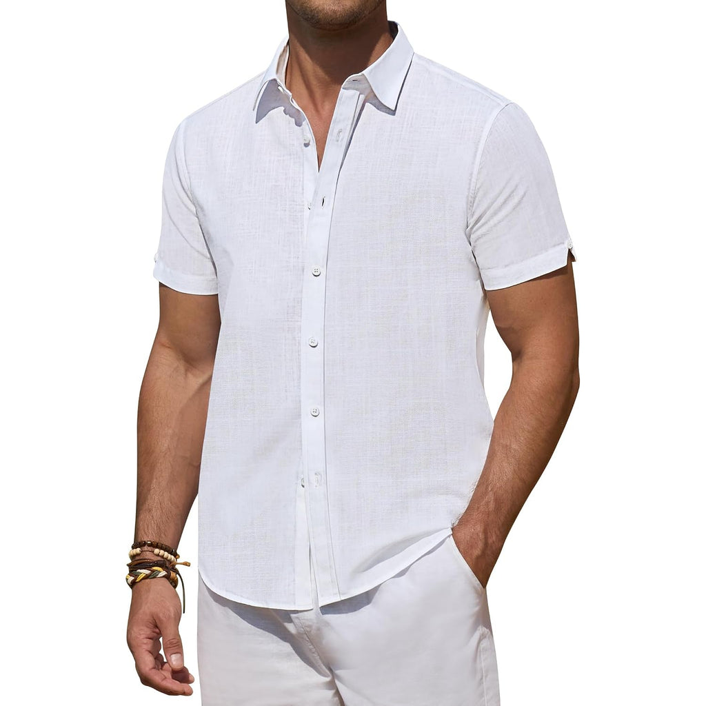 Linen Shirts For Men Short Sleeve Button Down Shirts Summer Beach Casual | Linen And Cotton Blend, Lightweight, No Pocket, Fitted, Button Up Dress Shirt, Fashion Vacation Wedding Tropical Resort
