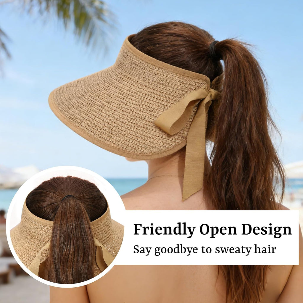 Oweisong Sun Visor Hat for Women Summer Straw Beach Hats Packable Wide Brim Hat with Ponytail Hole Beach Essentials