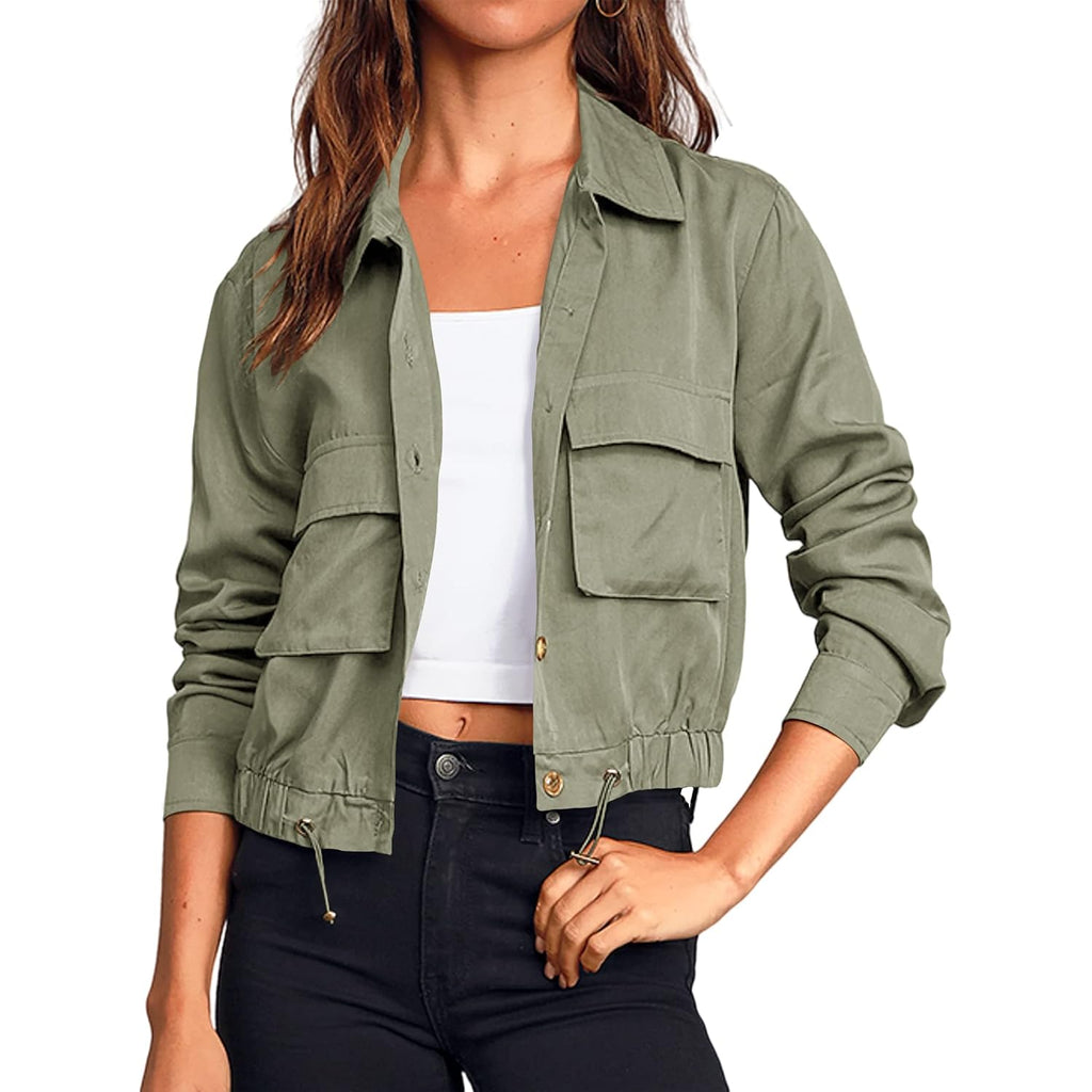 Women'S Military Safari Cropped Jackets Button Down Lightweight Oversized Utility Anorak Coat With Pockets