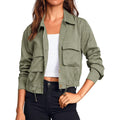 Women'S Military Safari Cropped Jackets Button Down Lightweight Oversized Utility Anorak Coat With Pockets
