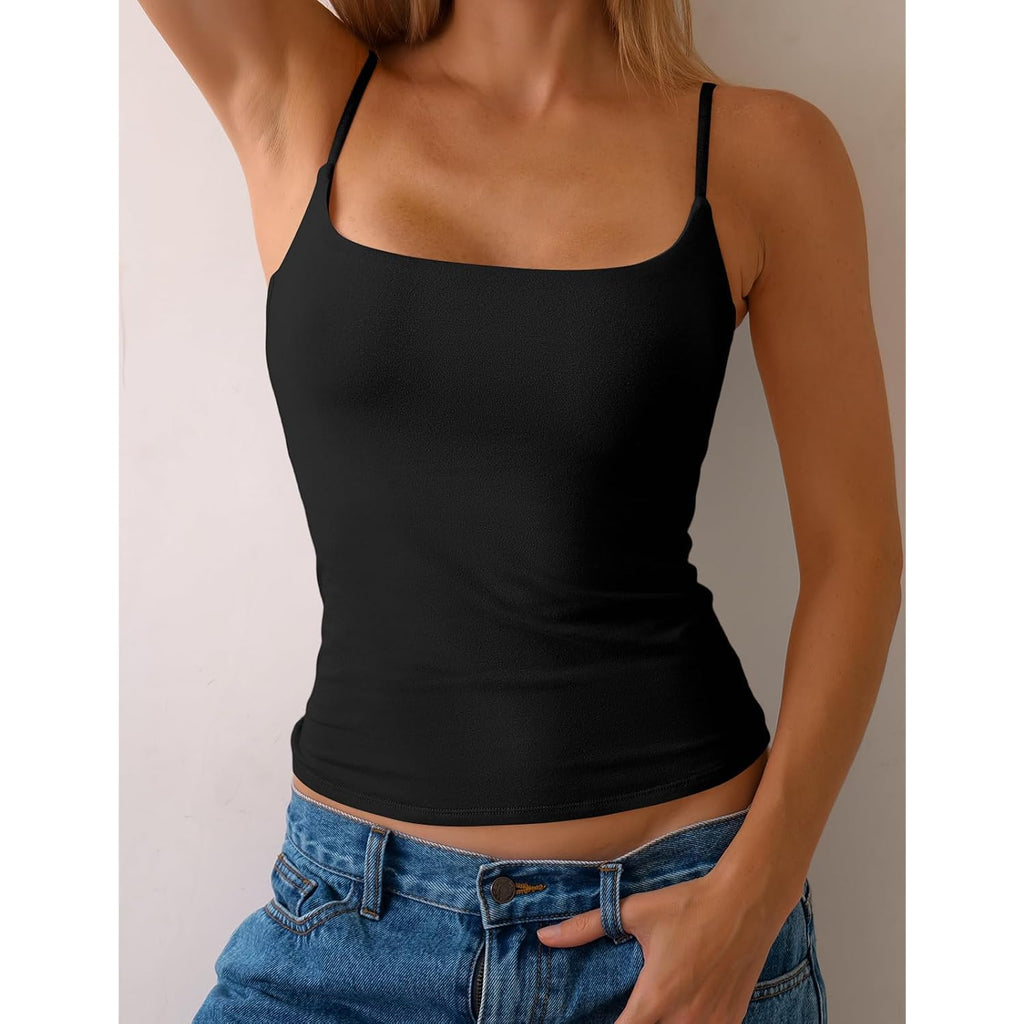 Women Cotton Cami Tops Built-in Shelf Bra Unpadded Square Neck Crop Tank Top Fitted Basic Camisole Going Out Tees