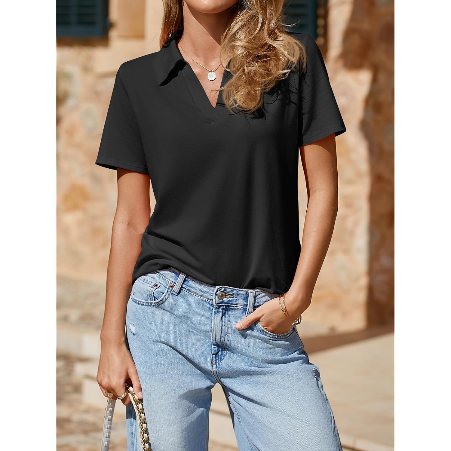Womens Short Sleeve Polo Shirts V Neck Business Dressy Casual Tops Summer Collared Trendy Tees