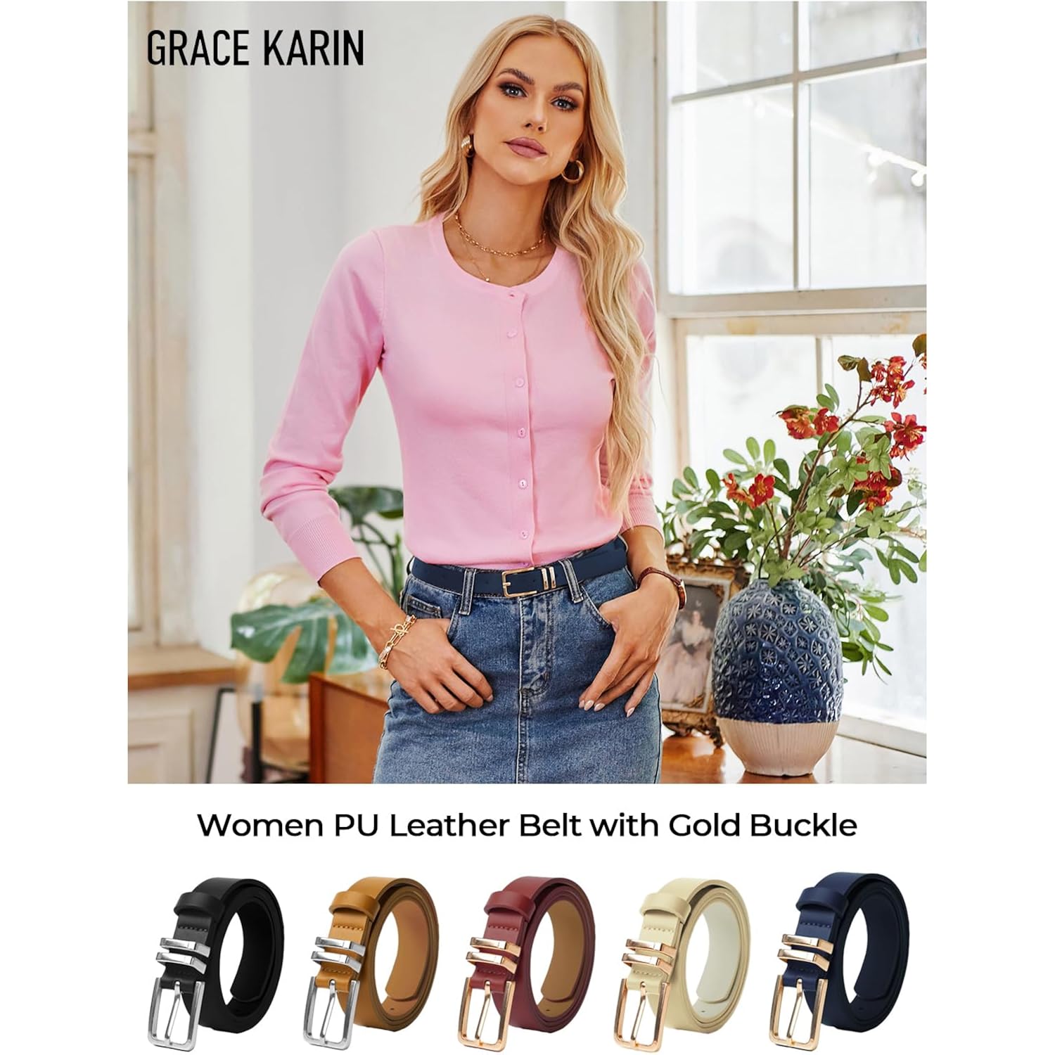 GRACE KARIN Women Leather Belt for Dresses Jeans Pants Waist Belt with Gold Buckle Medium PU Leather Belt