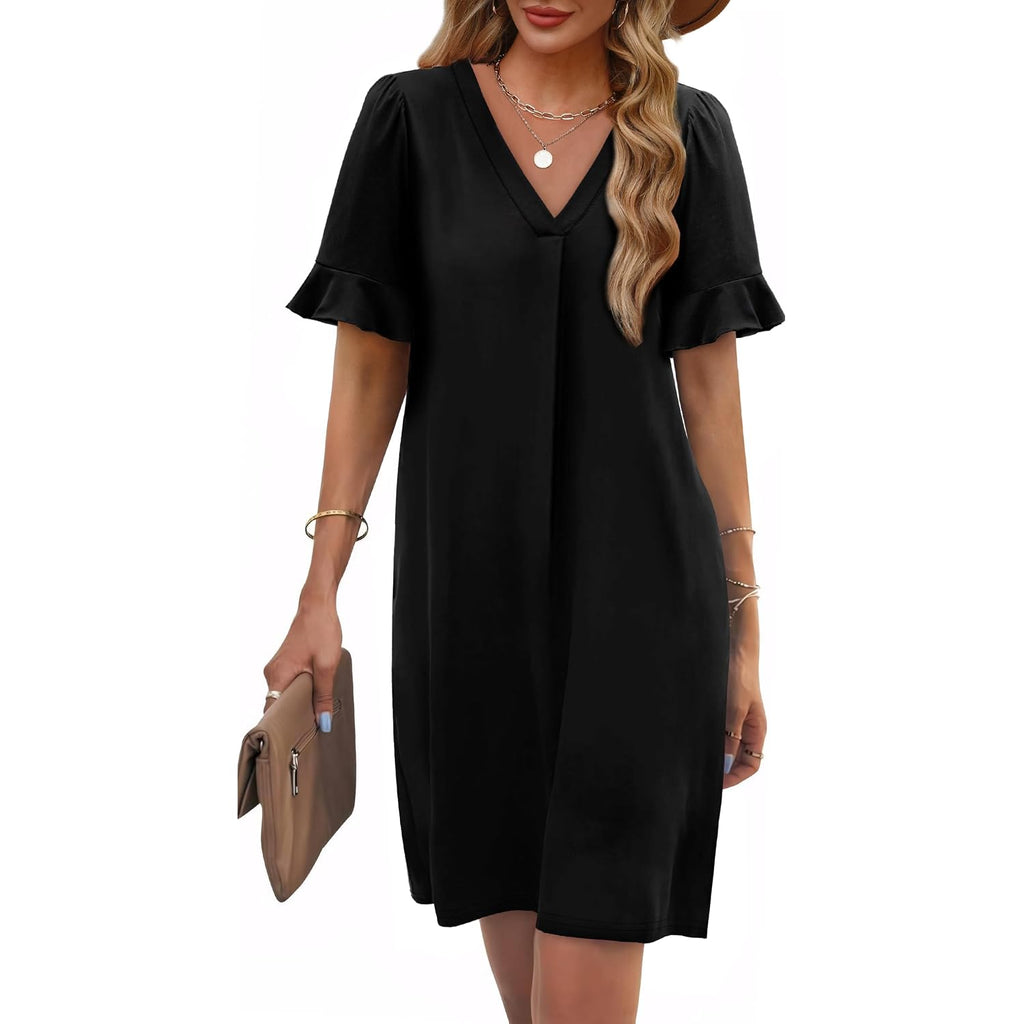Ofeefan Summer Dresses For Women Ruffle Short Sleeve V Neck Casual Shift Dress With Pockets