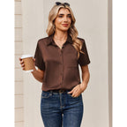 Zeagoo Satin Blouses For Women Silk Button Down Shirts Short Sleeve Business Casual Tops
