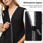 Noverlife Glitz Rhinestone Closure Stylist Vest, V-Neckline Baber Smock Zip Up Vest With 2 Front Pockets For Hair Salon