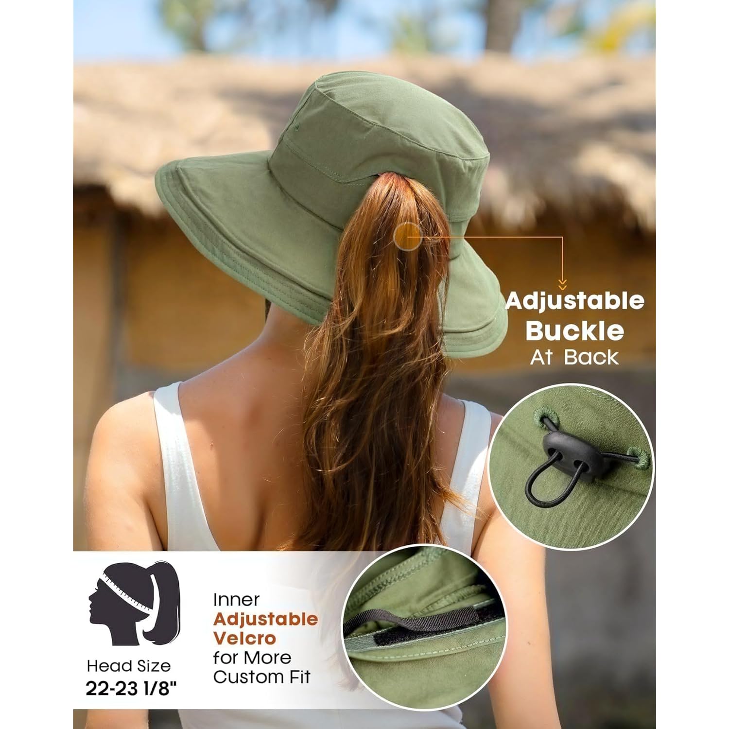 Sun Hats for Women Gardening Hat Wide Brim Ponytail Beach Sun Protection Breathable Cotton Summer Hat with Fold-Up Brim