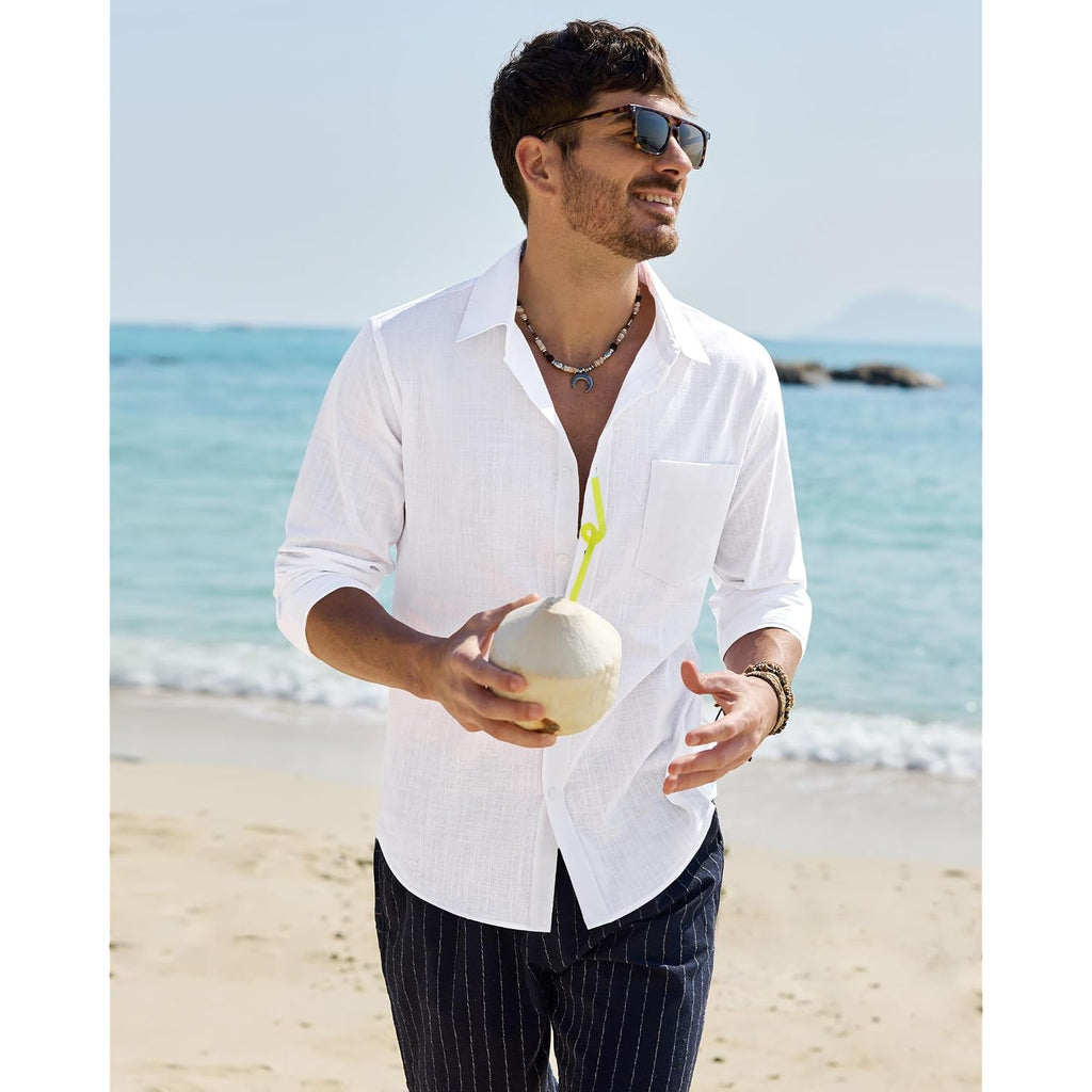 Alimens & Gentle Mens Cotton Linen Textured Shirt Long Sleeve Button Down Shirts Casual Summer Beach Wedding Tops With Pocket