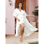 Scomchic Women Plus Size Maxi Dress Short Sleeve Wrap V Neck High Low Split Ruffle Long Dress