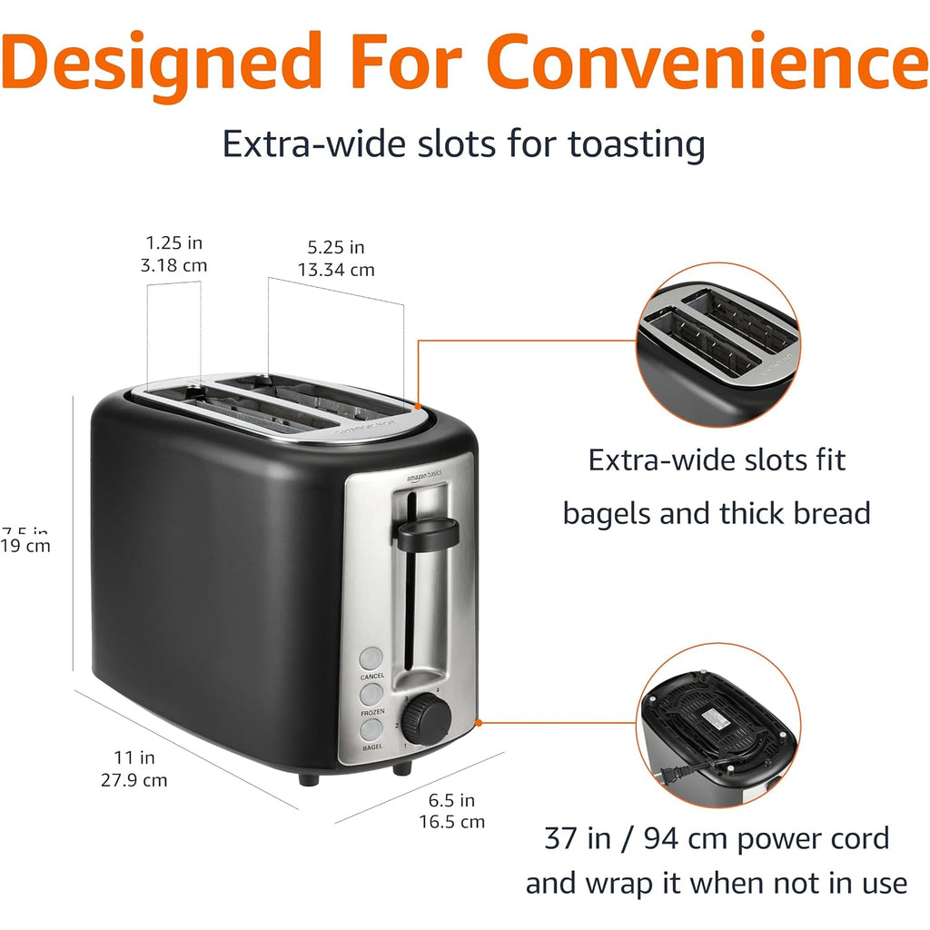 Amazon Basics 2 Slice Toaster, Extra Wide Slots For Bagels, 6 Browning Settings, Removable Crumb Tray, Defrost/Cancel/Bagel Buttons, Cord Wrap, 900W, Black & Silver