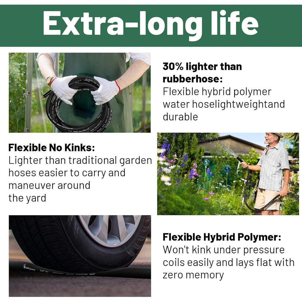 Garden Hose 50 Ft X 5/8 In Heavy Duty Water Hose, Flexible And Durable, Lightweight Rubber Hybrid Hose, Leak-Free Connections, Male To Female 3/4'' Brass Fittings For Patio, Lawn, Black