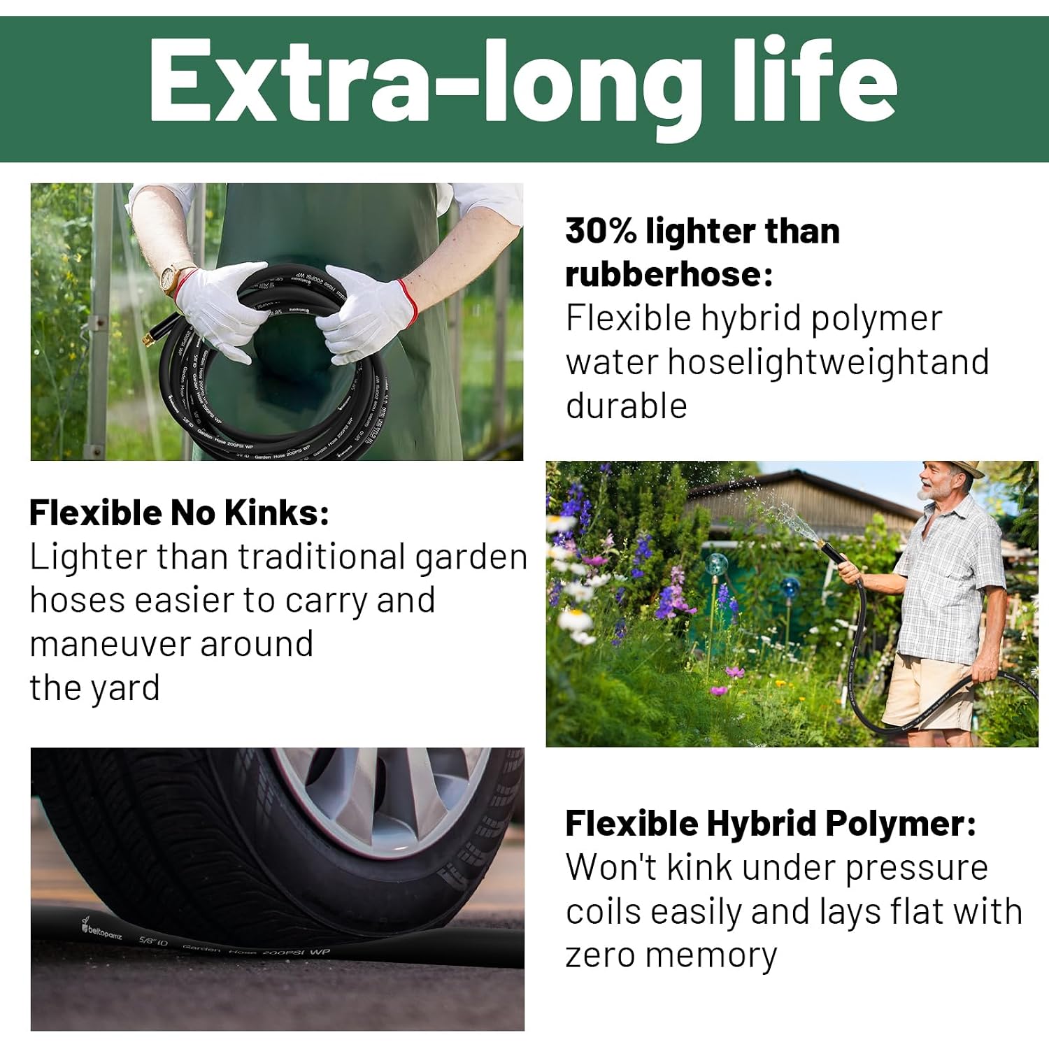 Garden Hose 50 Ft X 5/8 In Heavy Duty Water Hose, Flexible And Durable, Lightweight Rubber Hybrid Hose, Leak-Free Connections, Male To Female 3/4'' Brass Fittings For Patio, Lawn, Black
